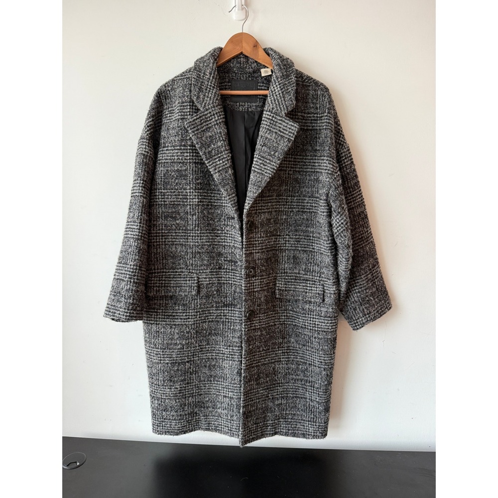 Levis Wool Blend Plaid Herringbone Overcoat Grey Black Long Jacket XS